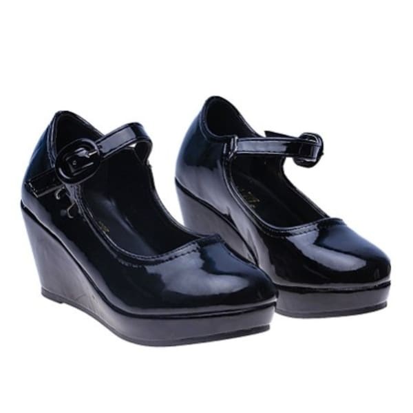 Ladies black patent wedge on sale shoes