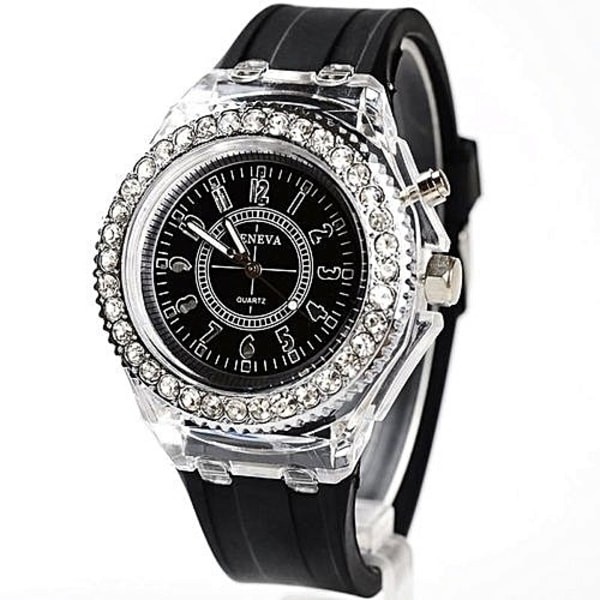 Fashion Front Geneva Quartz Wrist Watch Waterproof Led Backlight Black